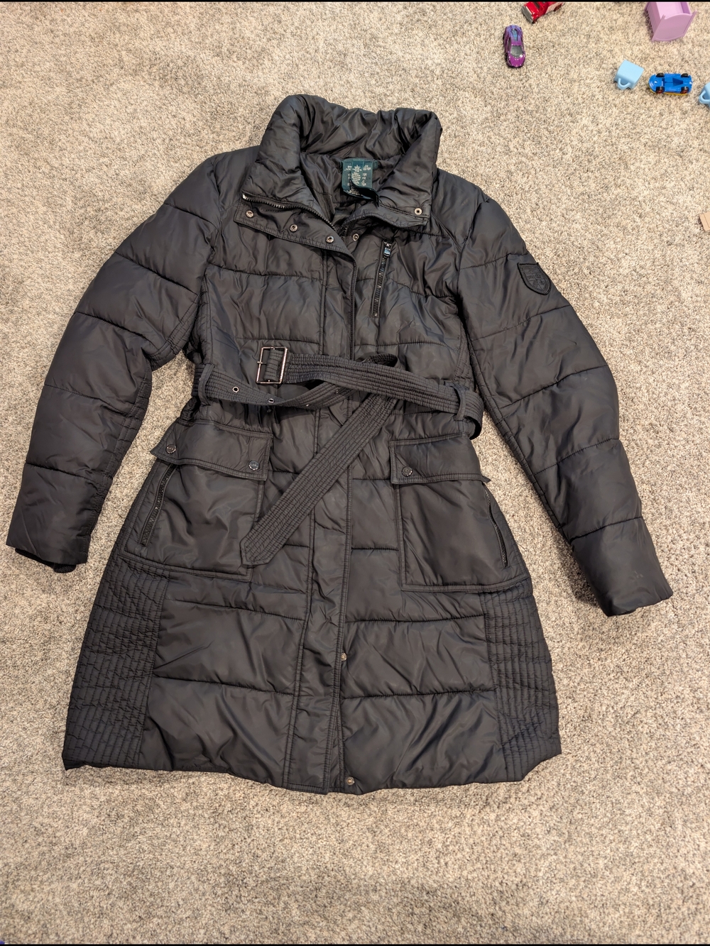 Lauren Ralph Lauren Black Belted Puffer Coat Jacket Size L Mid Length
